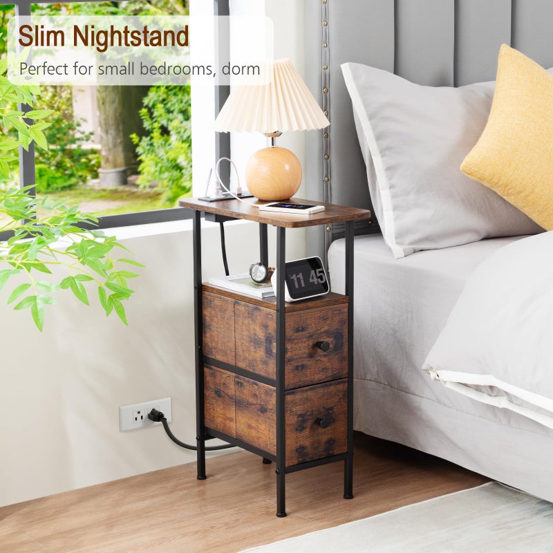 LOAKEKEL Narrow End Table Living Room with Charging Station, Skinny Side Table with Fabric Drawers, Slim Nightstand for Bedroom, Small Spaces, Couch, Rustic Brown, HETNDP02PBR-1 - Image 4