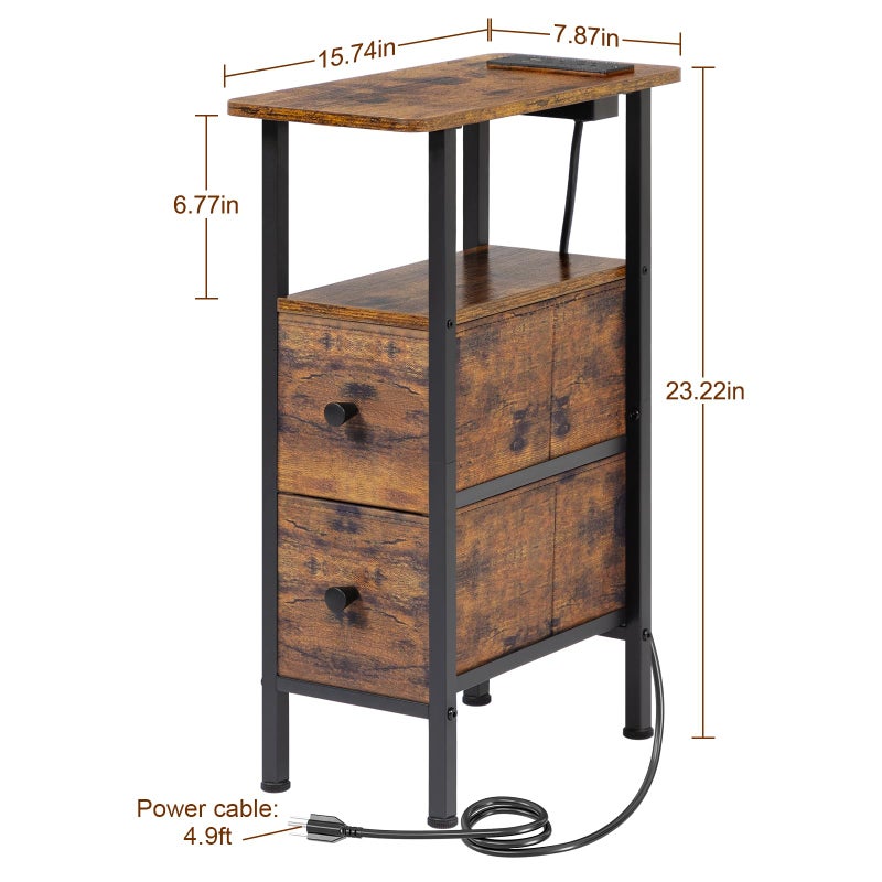 LOAKEKEL Narrow End Table Living Room with Charging Station, Skinny Side Table with Fabric Drawers, Slim Nightstand for Bedroom, Small Spaces, Couch, Rustic Brown, HETNDP02PBR-1 - Image 5