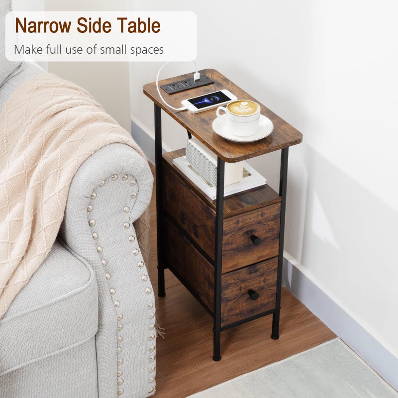 LOAKEKEL Narrow End Table Living Room with Charging Station, Skinny Side Table with Fabric Drawers, Slim Nightstand for Bedroom, Small Spaces, Couch, Rustic Brown, HETNDP02PBR-1 - Image 2