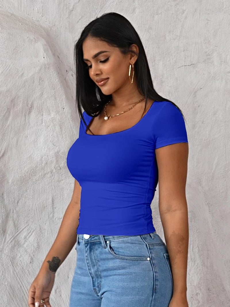 Dwnval Womens Summer Sexy Square Neck Tops Double Lined Short Sleeve Shirts Slim Fit Crop Top(Royal Blue, S) - Image 3