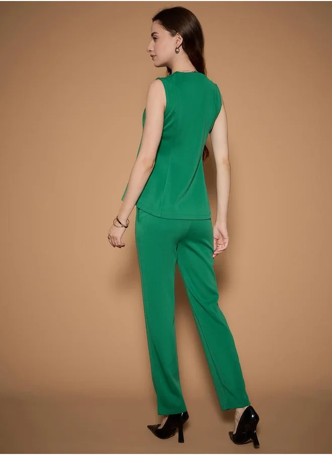 Styli Solid Peplum Style Waistcoat and Slim Fit Pants Co-Ords