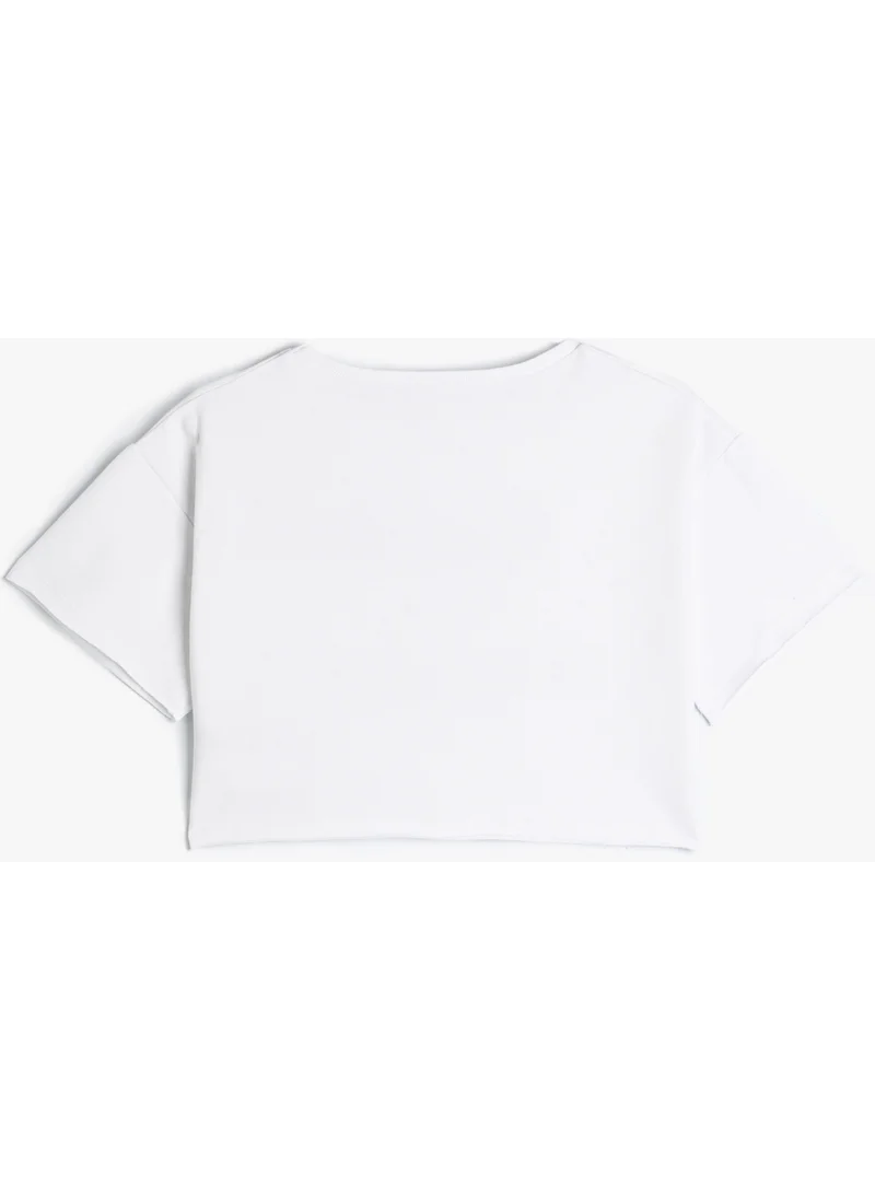 كوتون Crop T-Shirt Slogan Printed Short Sleeve Crew Neck Cotton