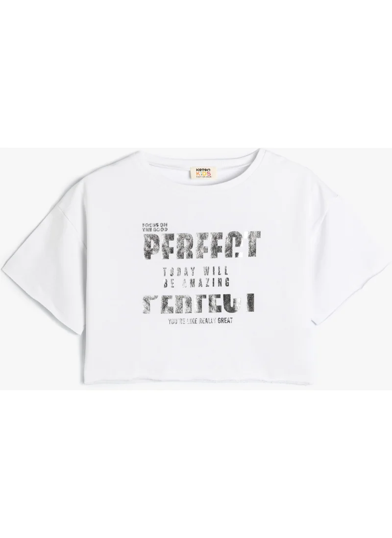 KOTON Crop T-Shirt Slogan Printed Short Sleeve Crew Neck Cotton