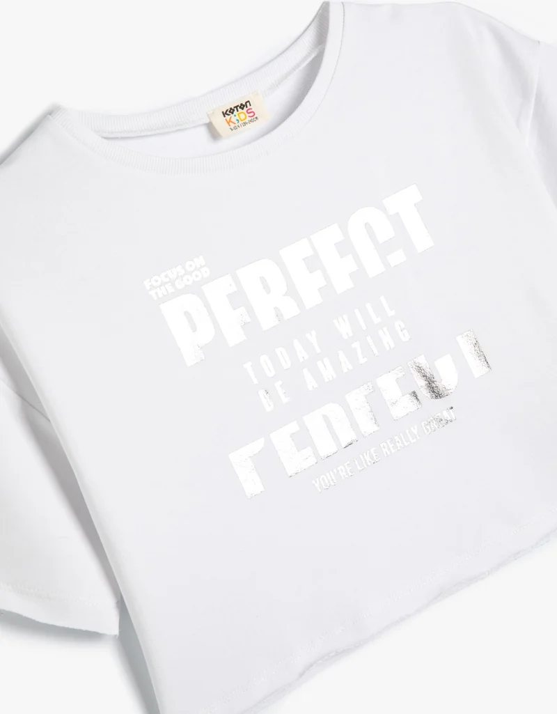 كوتون Crop T-Shirt Slogan Printed Short Sleeve Crew Neck Cotton