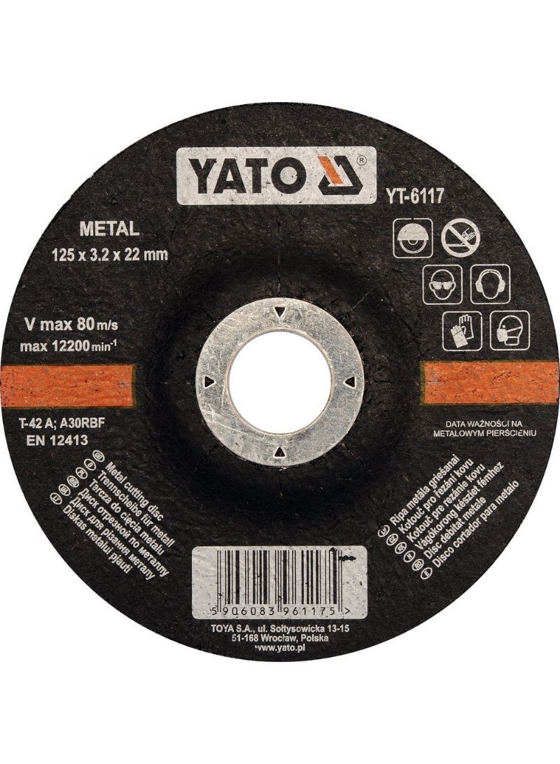 YATO Metal Cutting Disc 125x3.2x22mm Depressed Center YT-6117
