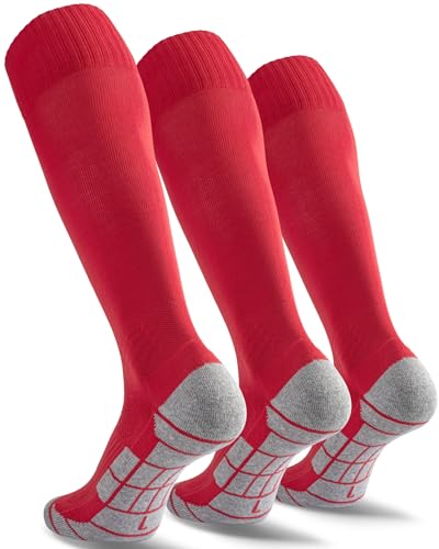 CWVLC Youth Soccer Baseball Socks 3 Pairs Football Sport Softball Team Athletic Socks Knee High Long Tube Cotton Arch Ankle Compression Socks Red Medium - Image 1