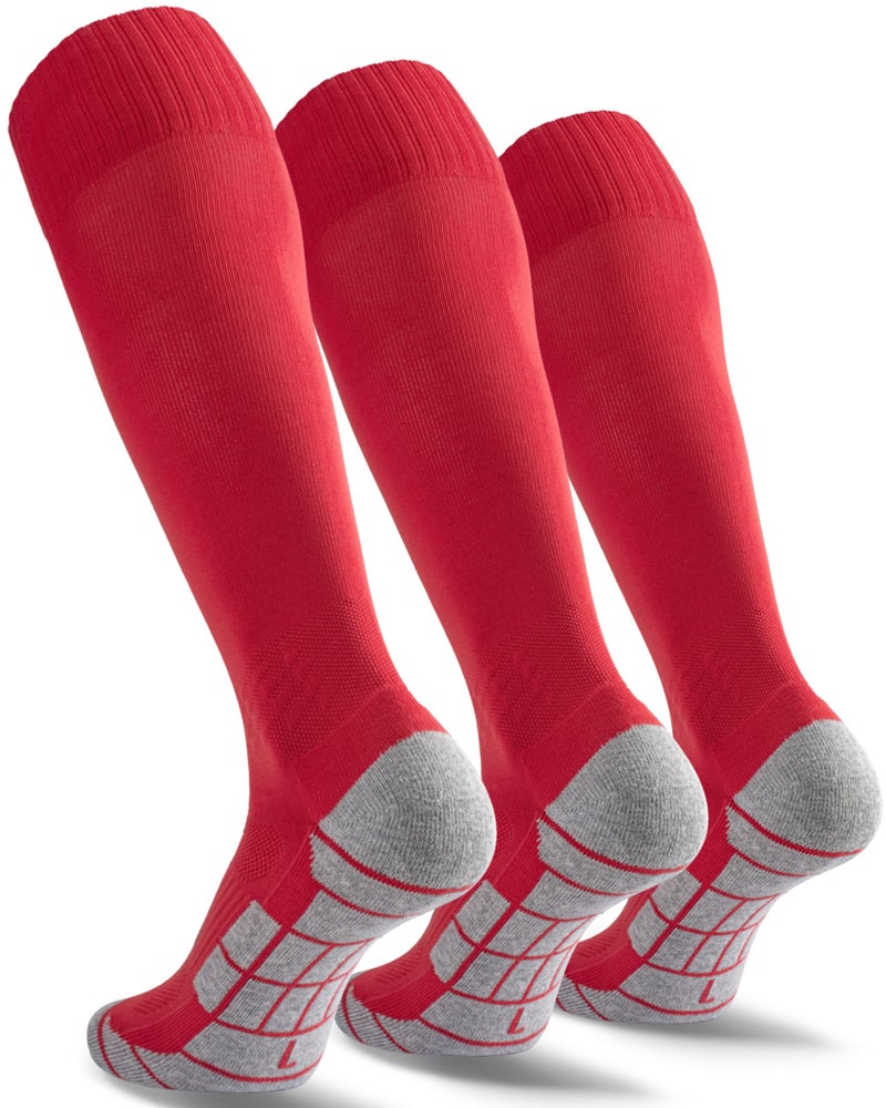 CWVLC Youth Soccer Baseball Socks 3 Pairs Football Sport Softball Team Athletic Socks Knee High Long Tube Cotton Arch Ankle Compression Socks Red Medium - Image 2