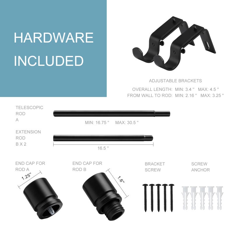 Byondeth Curtain Rods for Windows 16 to 48 or 60 Inches Max Adjustable Length 1 Inch Diameter Window Curtain Rod with Aluminium Finials, Black - Image 4