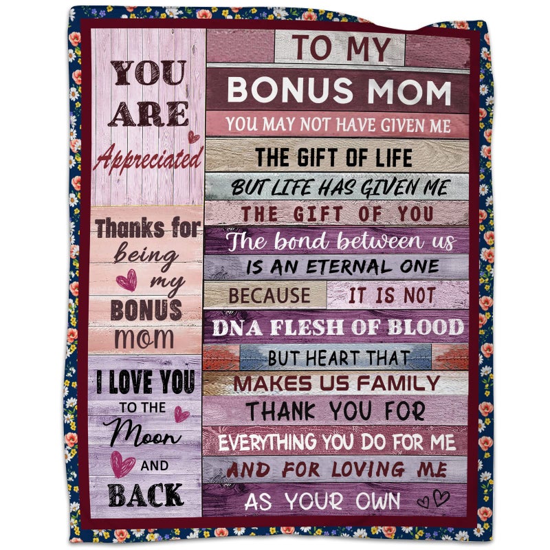 AJIIUSV Bonus Mom Gifts from Bonus Daughter Son Mothers Day Blanket Gifts for Stepmom Birthday Gifts for Bonus Mother Stepmother Christmas Thanksgiving Gifts Throw Blankets 50""x60"" - Image 1