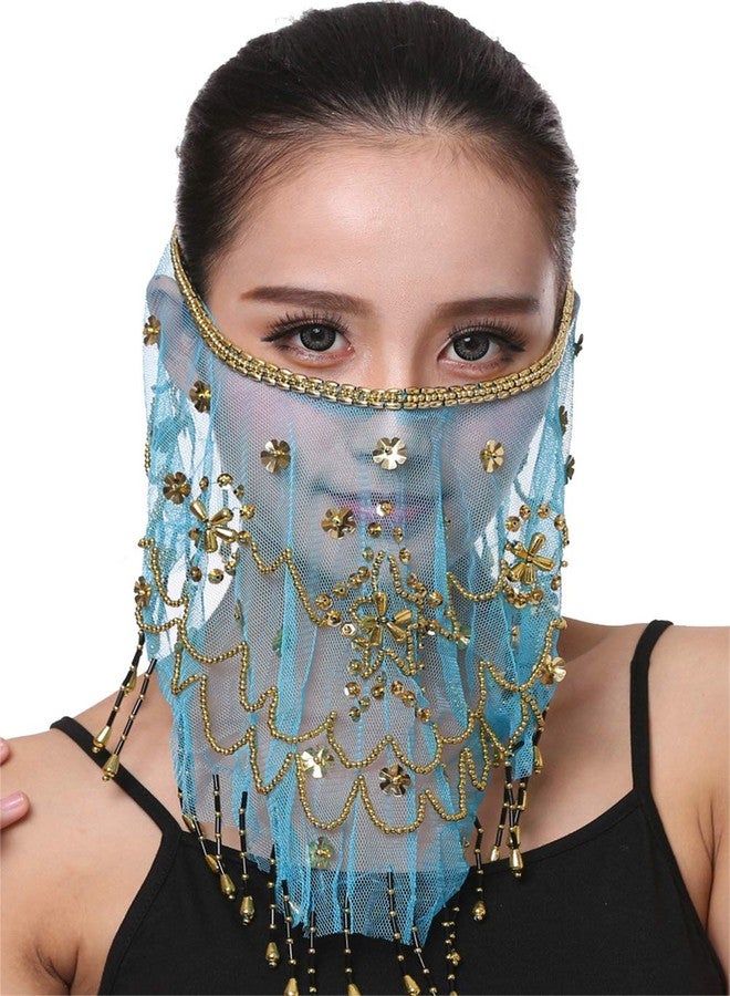 Lauthen.S حجاب وجه رقص شرقي نسائي مع خرز ترتر زي جني الهالوين أزرق - Image 1