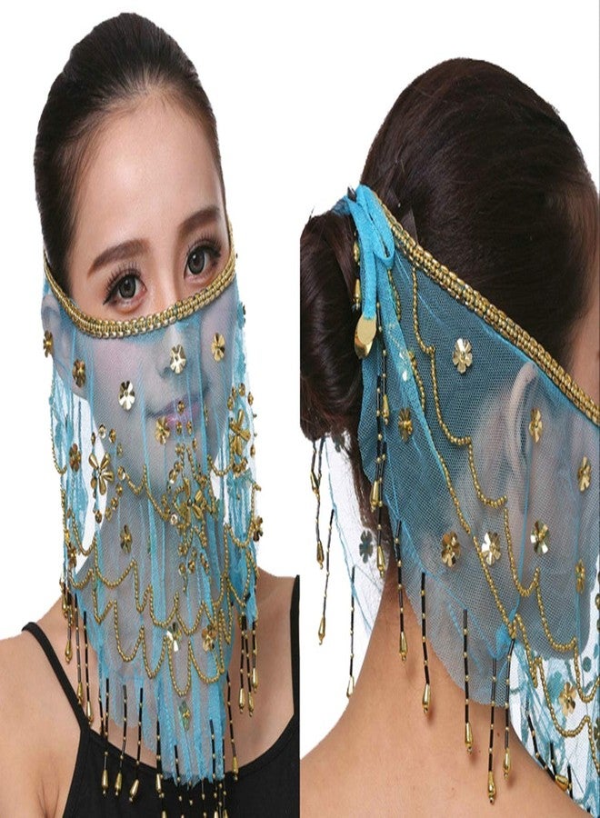 Lauthen.S حجاب وجه رقص شرقي نسائي مع خرز ترتر زي جني الهالوين أزرق - Image 3