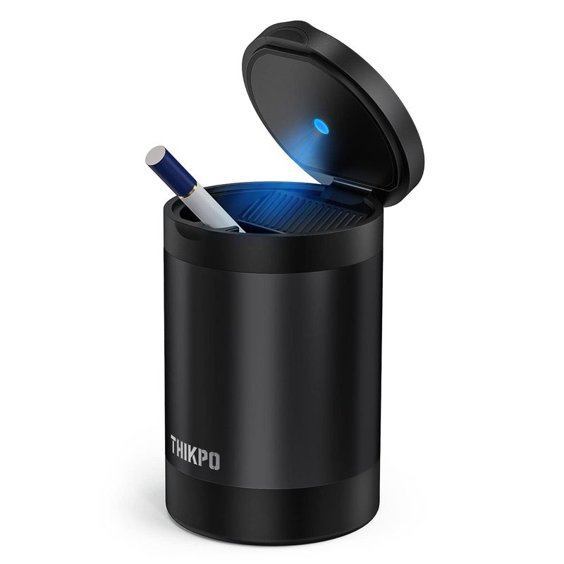 THIKPO Car Ashtray with Lid, Portable Ashtray for Car, Mini Car Trash Can, Detachable Stainless Steel Smokeless Ash Tray with LED Blue Light - Image 1