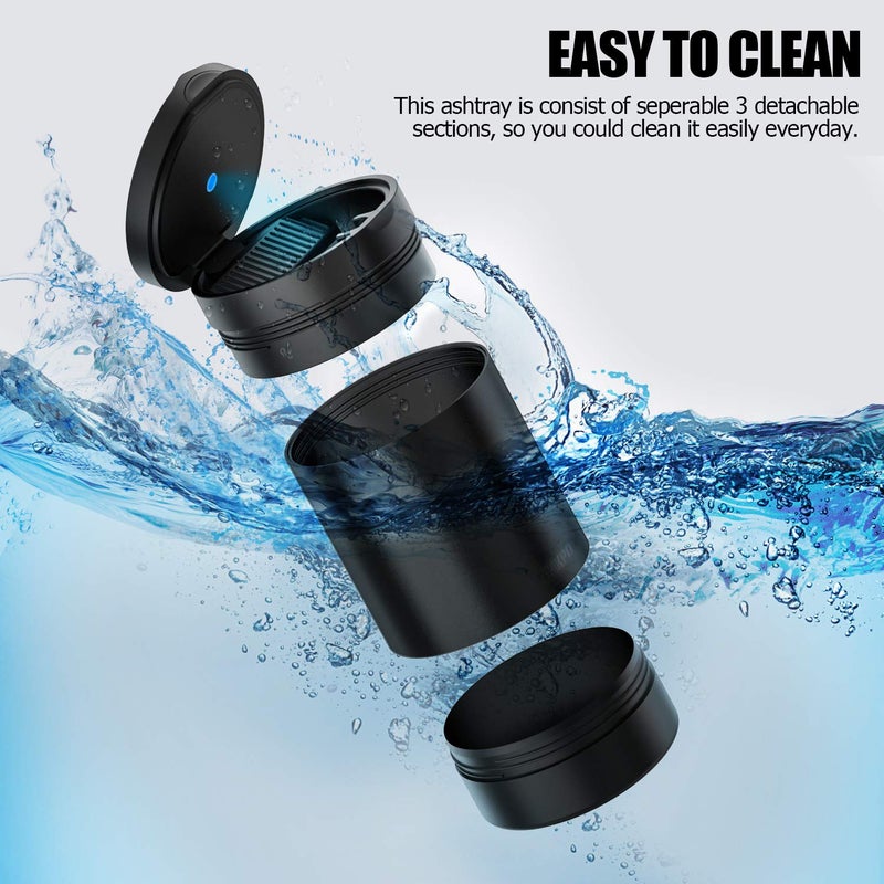 THIKPO Car Ashtray with Lid, Portable Ashtray for Car, Mini Car Trash Can, Detachable Stainless Steel Smokeless Ash Tray with LED Blue Light - Image 3