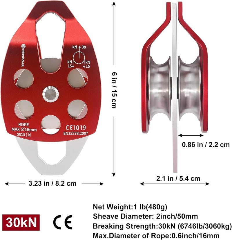 Newdoar 30 KN CE Certified Large Rescue Pulley Single/Double Sheave with Swing Plate - Image 2