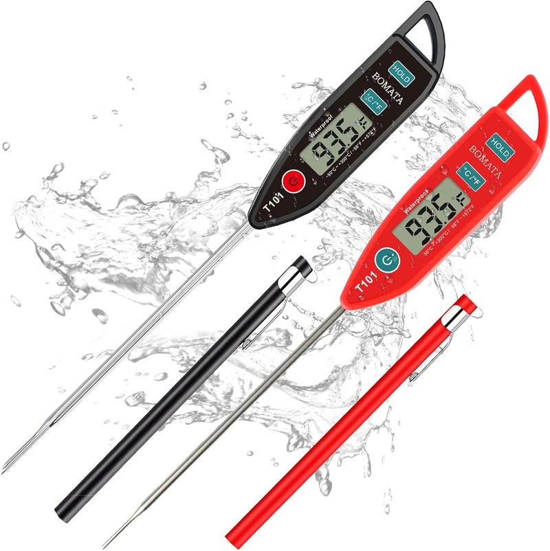 BOMATA 2 Pack Waterproof IPX7 Meat Thermometer Instant Read Food Thermometer with Long Probe for Water, Liquid, Kitchen Cooking, Grill,BBQ ! T101 X 2 Pcs (Black & Red)… - Image 1