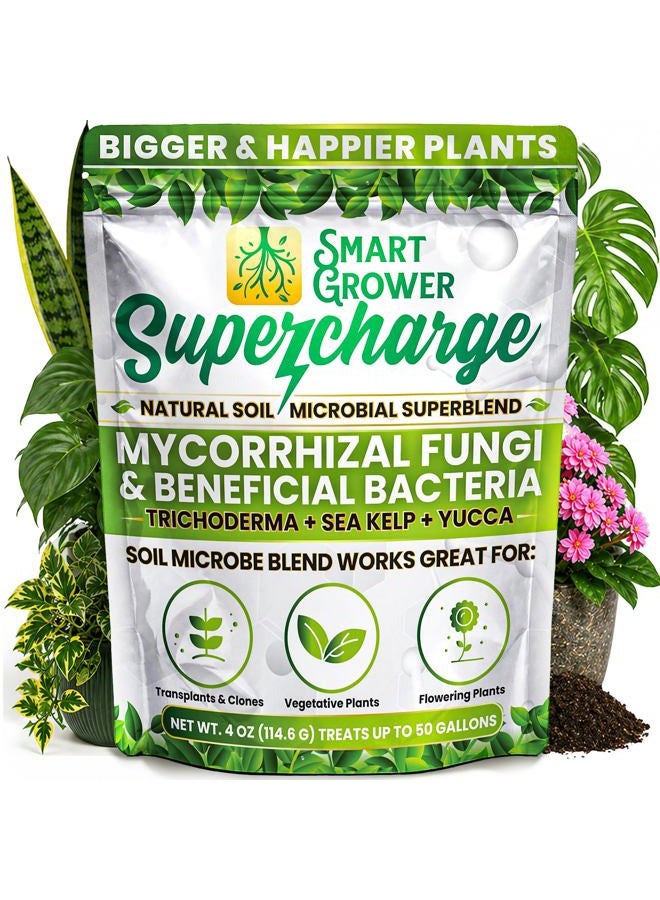 Smart Grower Mycorrhizal Fungi with Beneficial Bacteria, Trichoderma, Sea Kelp, Molasses, Yucca, Smart Grower Supercharge Plant Root Enhancer 4oz Super Concentrate Powder Makes 50 Gallons - Image 1