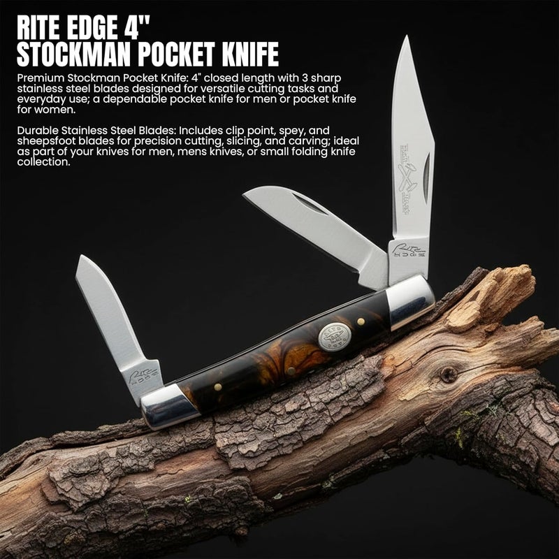 Rite Edge 4" Stockman Pocket Knife – Large Folding Knife with 3 Stainless Steel Blades & Black Pearl Handle– Multi Blade Pocket Knives & Folding Knives for Everyday Carry EDC, Camping, Hunting & Outdoors - Image 2