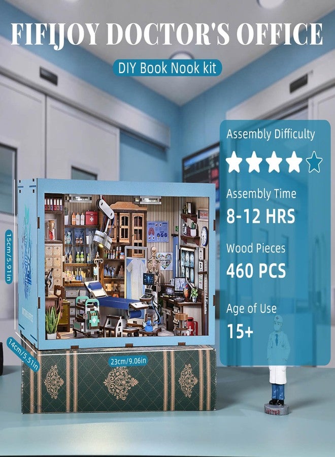 fifijoy Book Nook Kit - DIY Miniature House Doctors Clinic Dollhouse Kit for Adults, Book Nook Tiny House Bookshelf Decor Creative 3D Wooden Puzzle, Gifts for Family, Friends (Doctor's Office) - Image 4