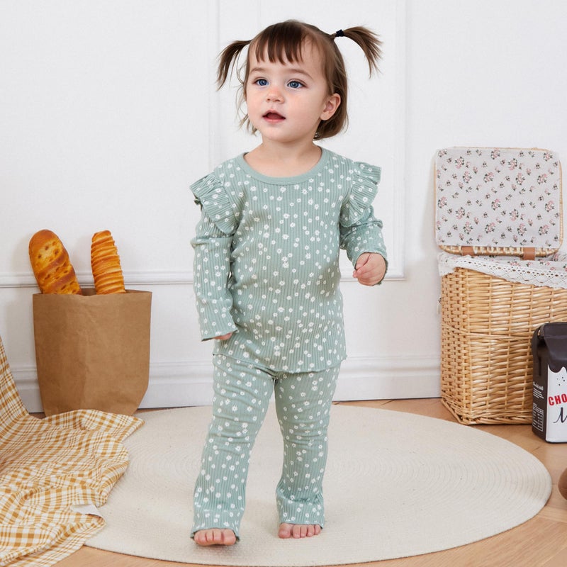 allshope Baby Girl Fall Clothes Set Ruffle Long Sleeve Tops Flare Pants Cute Infant Toddler Outfits 6 12 18 24 Months 2T 3T (Floral Green, 12-18 Months) - Image 2