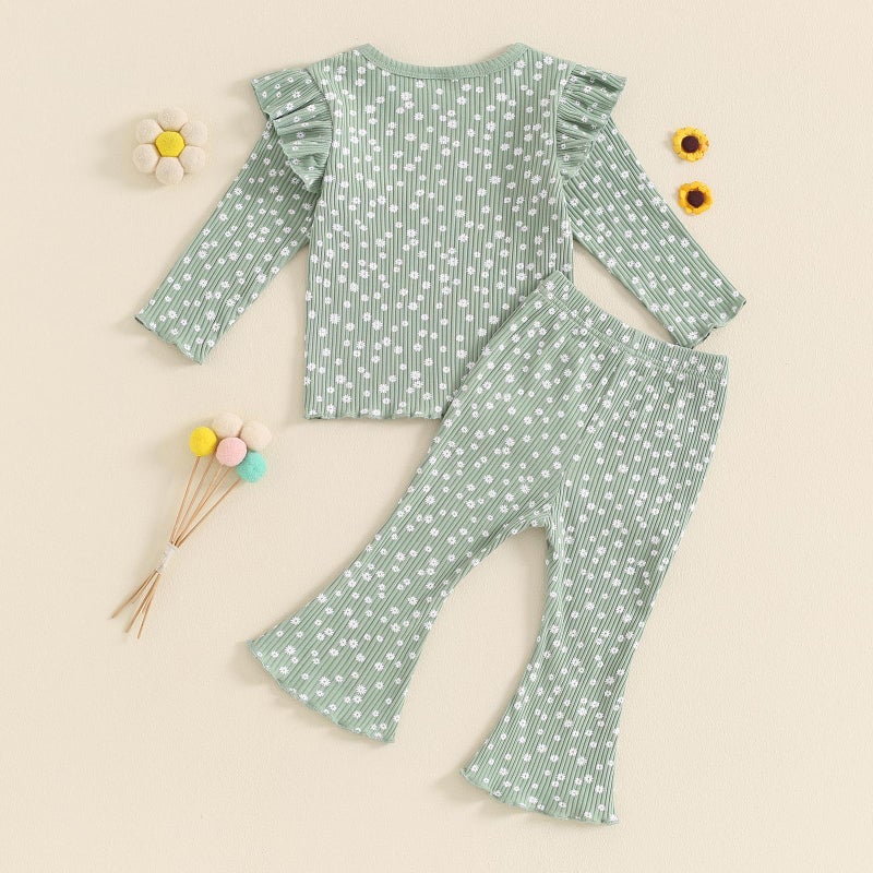 allshope Baby Girl Fall Clothes Set Ruffle Long Sleeve Tops Flare Pants Cute Infant Toddler Outfits 6 12 18 24 Months 2T 3T (Floral Green, 12-18 Months) - Image 3