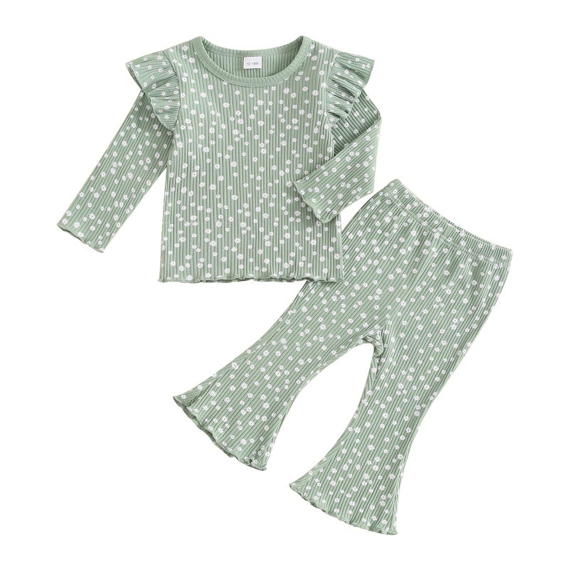 allshope Baby Girl Fall Clothes Set Ruffle Long Sleeve Tops Flare Pants Cute Infant Toddler Outfits 6 12 18 24 Months 2T 3T (Floral Green, 12-18 Months) - Image 1