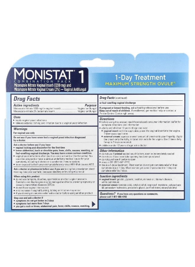 Monistat Monistat, 1-Day Treatment Combination Pack, Day or Night™ Ovule®, Maximum Strength, 1 Ovule® Insert, 2.6 g + 0.32 oz (9 g) Tube  - Image 2