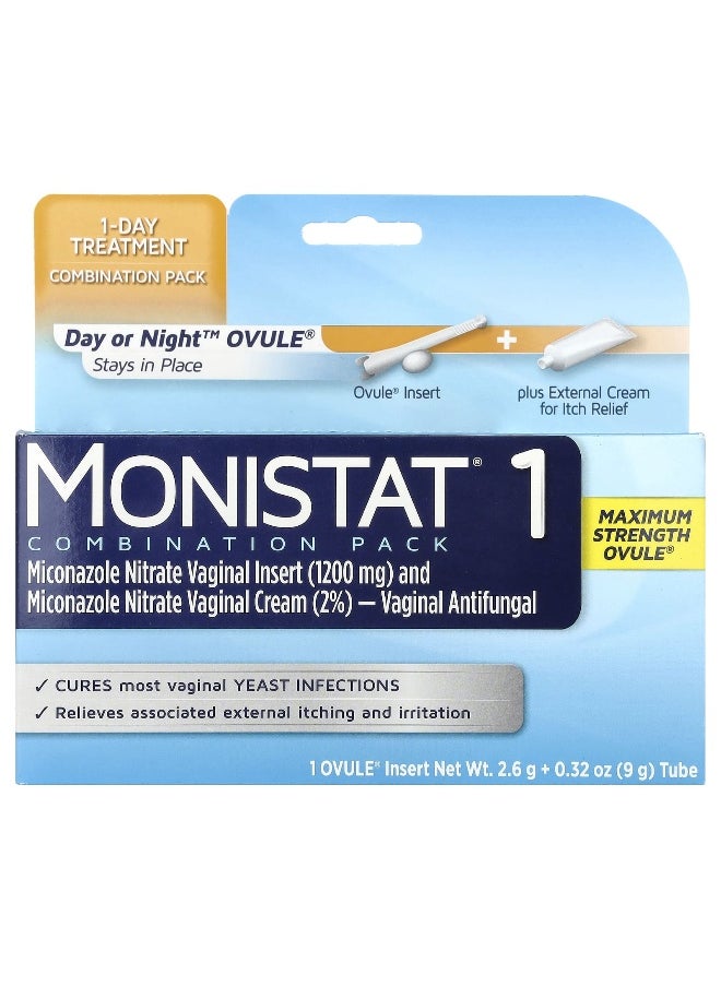 Monistat Monistat, 1-Day Treatment Combination Pack, Day or Night™ Ovule®, Maximum Strength, 1 Ovule® Insert, 2.6 g + 0.32 oz (9 g) Tube  - Image 1