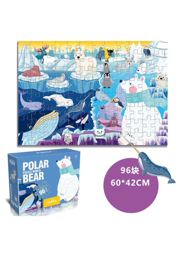 Cute Cartoon Children'S Jigsaw Puzzle Educational Toys, Children'S Gifts Birthday Sharing Souvenirs Gift Box Jigsaw Puzzle Educational Toys Kindergarten Gifts, Suitable For Children Over Three Years Old To Play (96 Pieces Of Arctic Journey) - Image 1