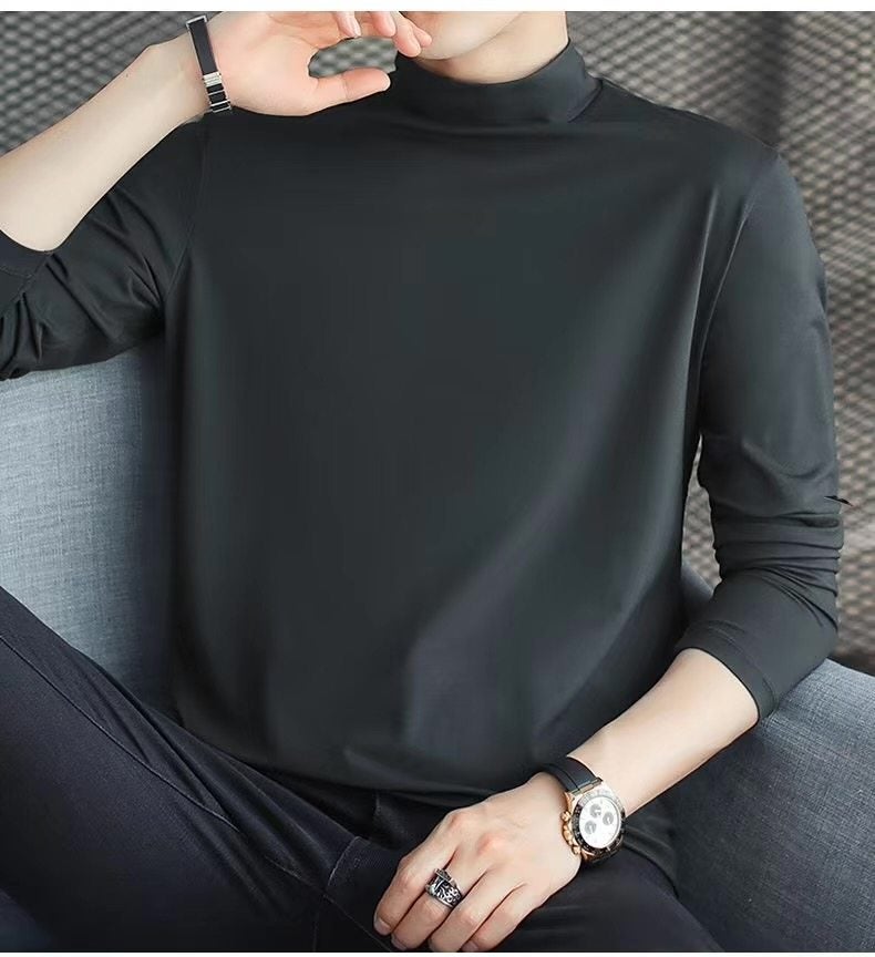Autumn long-sleeved t-shirt men's solid color autumn clothes pure cotton modal half-turtleneck trendy Korean version thin mid-neck base shirt - Image 1