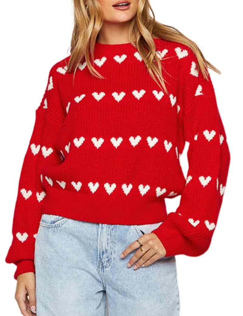 Yimoon Valentine Heart Sweater for Women Cute Long Sleeve Crewneck Chunky Knitted Pullover Sweaters(Red-S) - Image 1