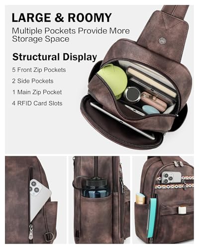FADEON Large Sling Bag for Women, Leather Crossbody Purse Designer Anti Theft Sling Backpack, RFID Fanny Packs for Travel - Image 5
