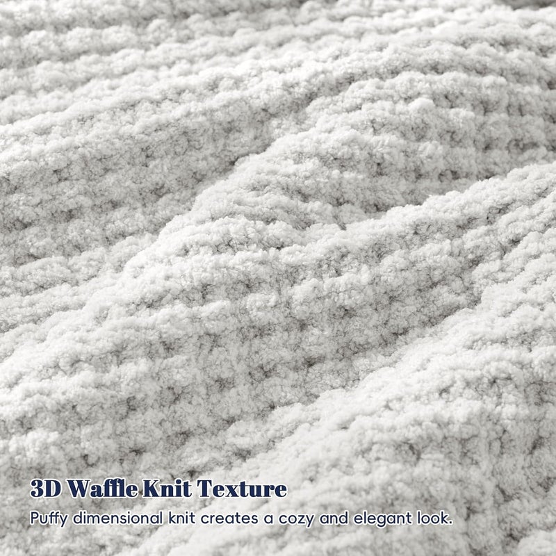 PHF Chenille Waffle Knit Blanket Twin Size- Plush Warm & Cozy 60" x 80" Ultra Soft Blanket- Chunky Fluffy Waffle Bedding for Home Decor - Light Grey - Image 4