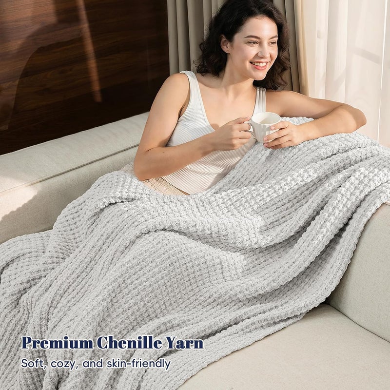 PHF Chenille Waffle Knit Blanket Twin Size- Plush Warm & Cozy 60" x 80" Ultra Soft Blanket- Chunky Fluffy Waffle Bedding for Home Decor - Light Grey - Image 2