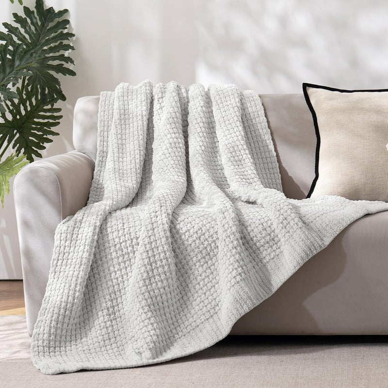 PHF Chenille Waffle Knit Blanket Twin Size- Plush Warm & Cozy 60" x 80" Ultra Soft Blanket- Chunky Fluffy Waffle Bedding for Home Decor - Light Grey - Image 1