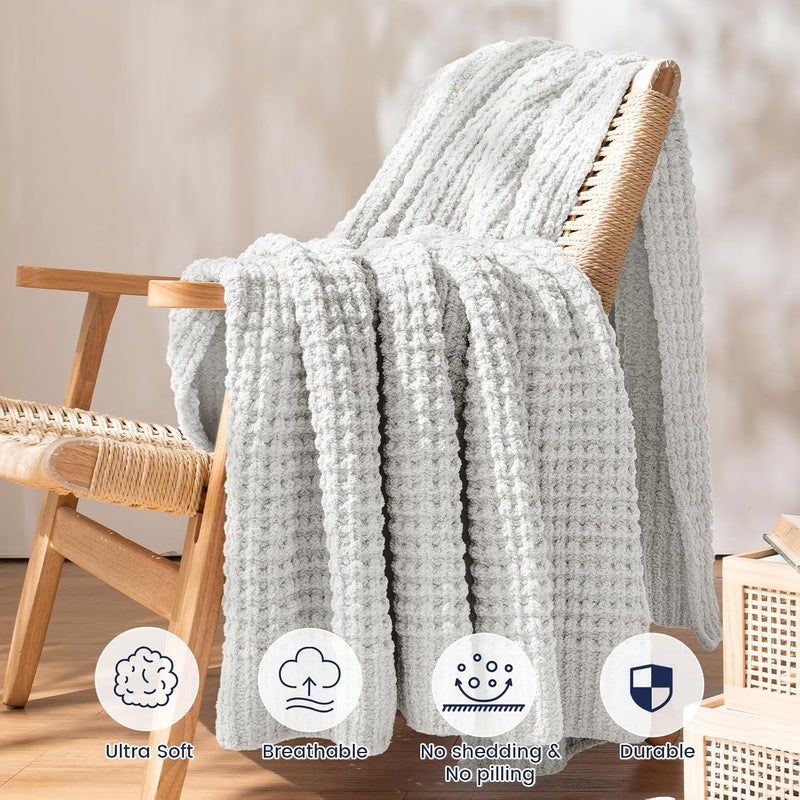 PHF Chenille Waffle Knit Blanket Twin Size- Plush Warm & Cozy 60" x 80" Ultra Soft Blanket- Chunky Fluffy Waffle Bedding for Home Decor - Light Grey - Image 3