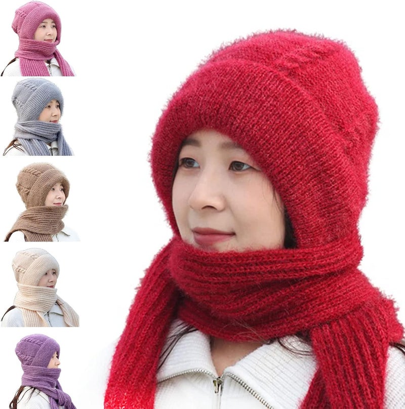 klarako Integrated Ear Protection Windproof Cap Scarf, Knitting Thickening Hat Scarf, Winter Warm Anticold Knitted One-Piece Scarf Cap (Claret) - Image 1