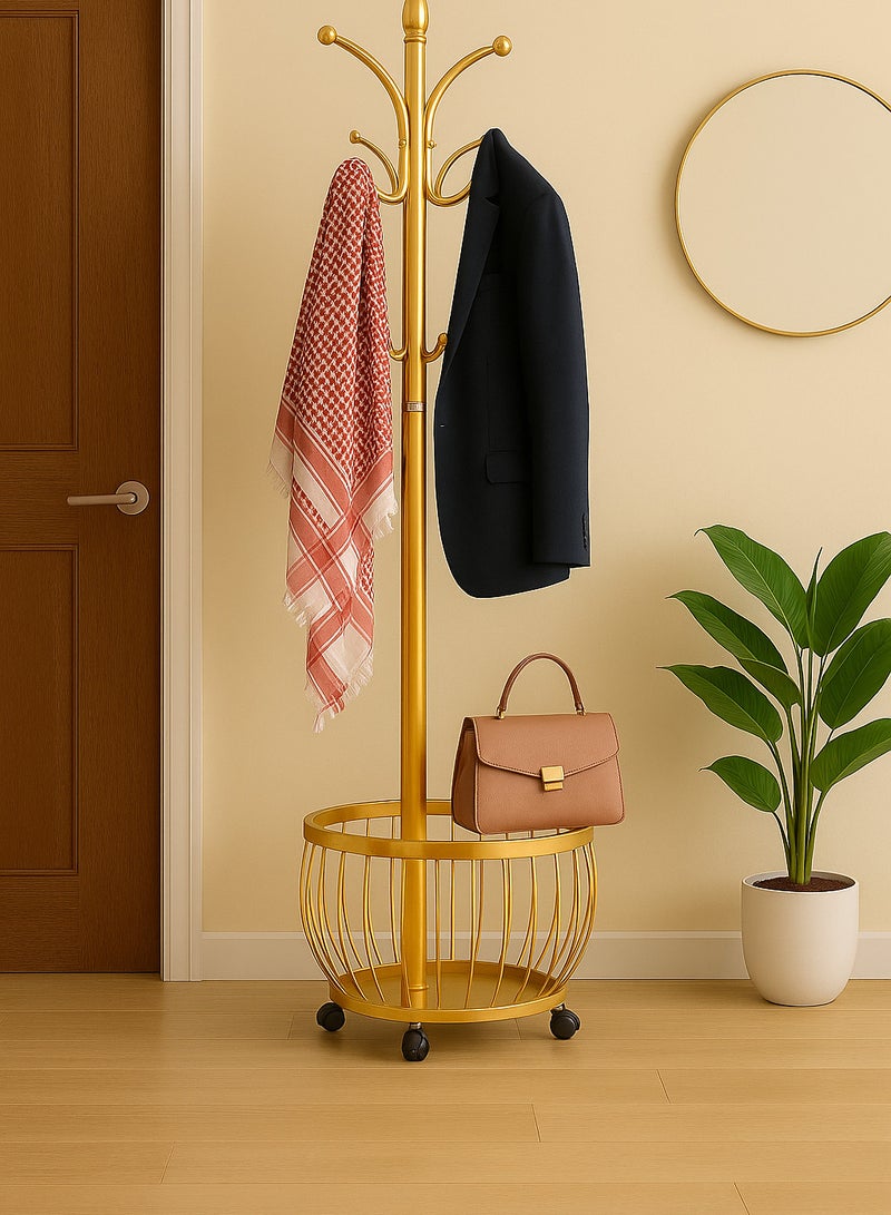 شي ون علاقة ملابس   2 في 1 بتوزيع خطافات ذكي من SHEE ONE | شماعة ملابس متنقلة بعجلات وسلة تخزين سفلية | حامل معاطف أنيق بتصميم دائري فاخر | علاقة عبايات متعددة الاستخدام للمداخل وغرف النوم | 170×40×40 سم | خيارات الوان متعددة | لون ذهبي - Image 2