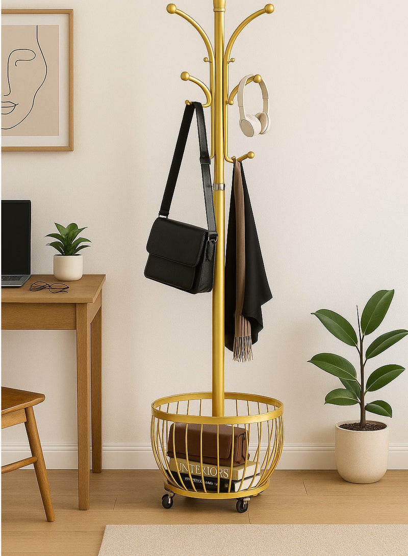 شي ون علاقة ملابس   2 في 1 بتوزيع خطافات ذكي من SHEE ONE | شماعة ملابس متنقلة بعجلات وسلة تخزين سفلية | حامل معاطف أنيق بتصميم دائري فاخر | علاقة عبايات متعددة الاستخدام للمداخل وغرف النوم | 170×40×40 سم | خيارات الوان متعددة | لون ذهبي - Image 4