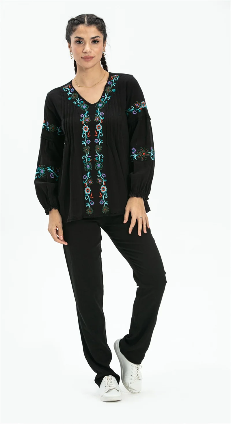 Eliş Şile Bezi Long Sleeve Sile Cloth Ayşe Blouse Black Syh