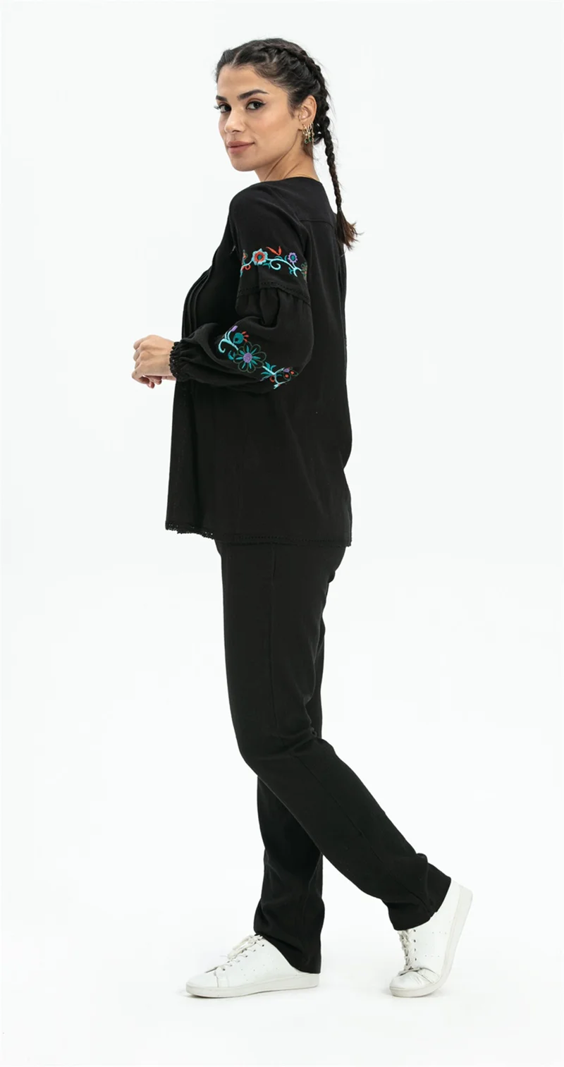 Eliş Şile Bezi Long Sleeve Sile Cloth Ayşe Blouse Black Syh