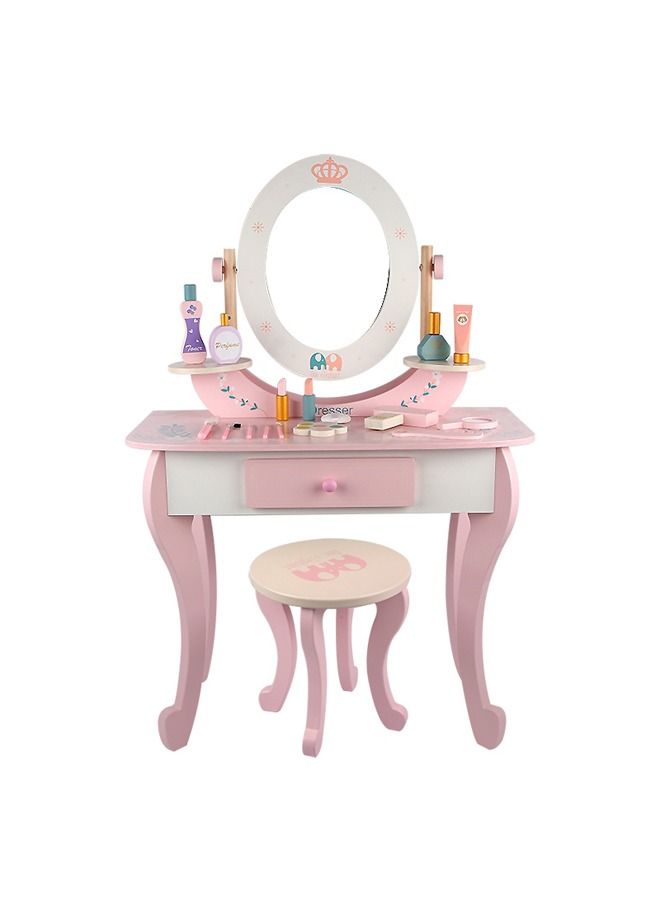 JSAITOYS Girl Pink Simulation Playhouse Makeup Toy Wooden Dressing Table And Chair Toy Set With 16 Pcs Accessories - Image 1