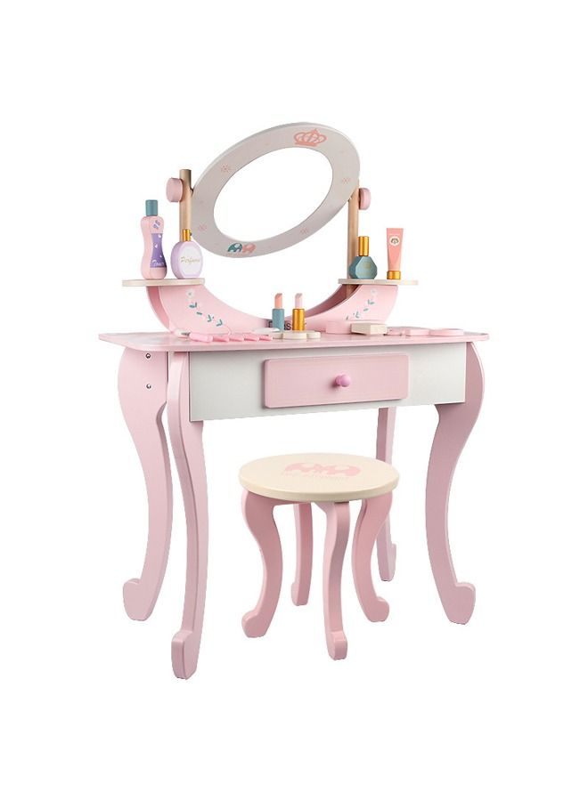 JSAITOYS Girl Pink Simulation Playhouse Makeup Toy Wooden Dressing Table And Chair Toy Set With 16 Pcs Accessories - Image 4