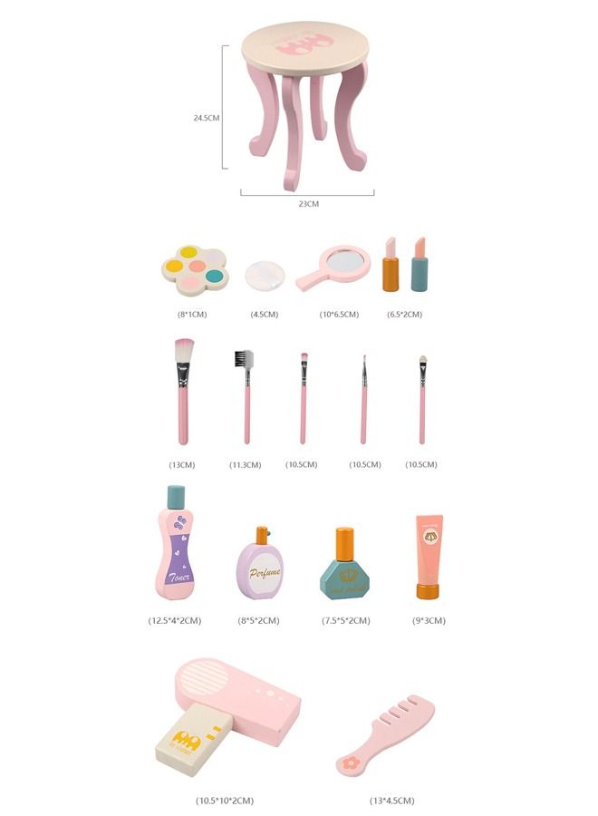 JSAITOYS Girl Pink Simulation Playhouse Makeup Toy Wooden Dressing Table And Chair Toy Set With 16 Pcs Accessories - Image 3