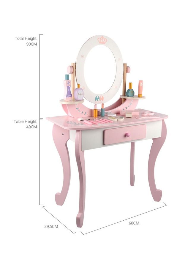 JSAITOYS Girl Pink Simulation Playhouse Makeup Toy Wooden Dressing Table And Chair Toy Set With 16 Pcs Accessories - Image 2