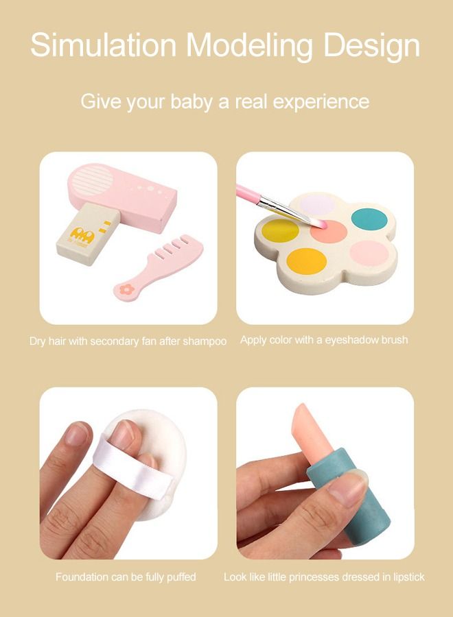 JSAITOYS Girl Pink Simulation Playhouse Makeup Toy Wooden Dressing Table And Chair Toy Set With 16 Pcs Accessories - Image 5