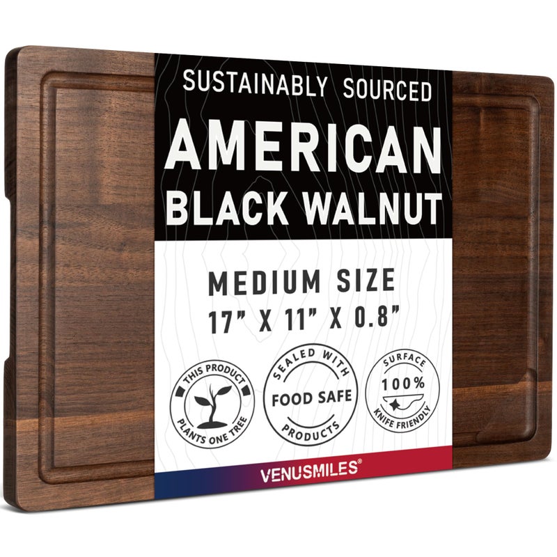 Venusmiles Walnut Wood Cutting Board for Kitchen with Juice Groove & Side Handles, 17â€L x 11â€W x 0.8â€H, Handcrafted North American Black Walnut Edge Grain, Medium Chopping Board, Reversible Butcher Block - Image 1