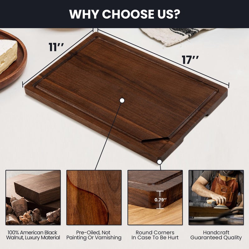 Venusmiles Walnut Wood Cutting Board for Kitchen with Juice Groove & Side Handles, 17â€L x 11â€W x 0.8â€H, Handcrafted North American Black Walnut Edge Grain, Medium Chopping Board, Reversible Butcher Block - Image 5
