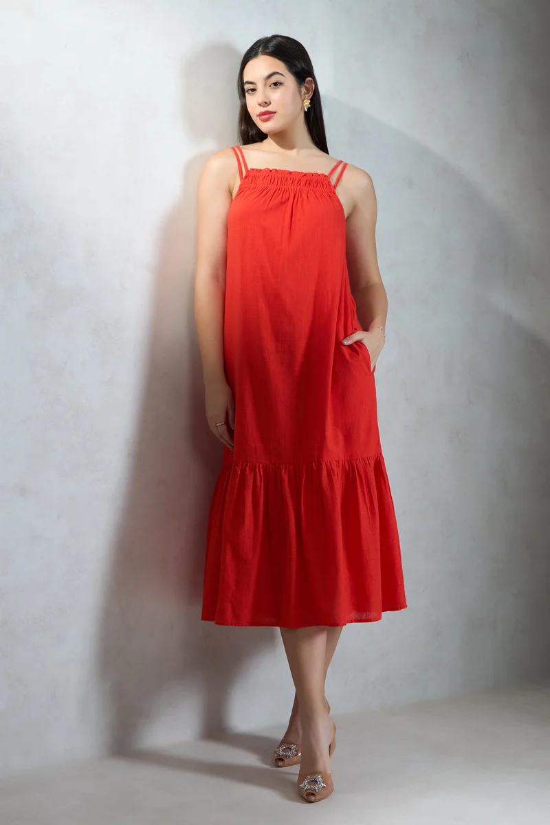Virgio Solid Cotton Coral Midi Dress for Women
