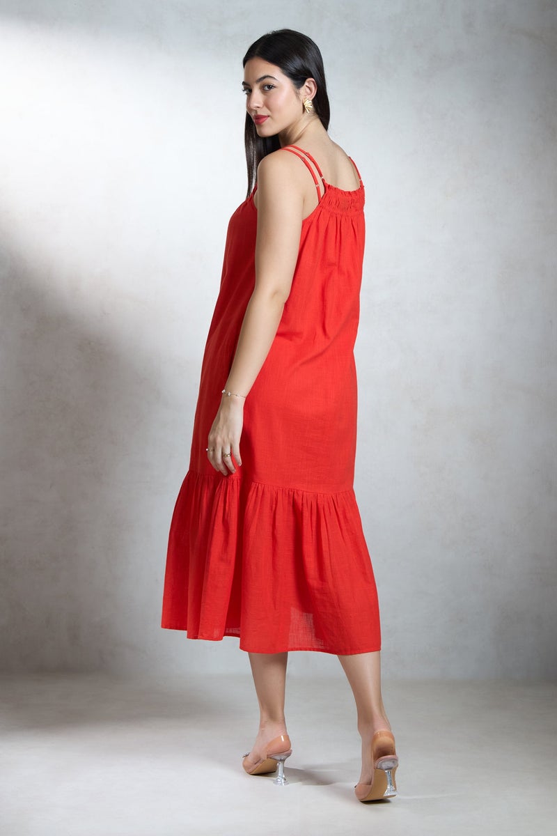 Virgio Solid Cotton Coral Midi Dress for Women - Image 4
