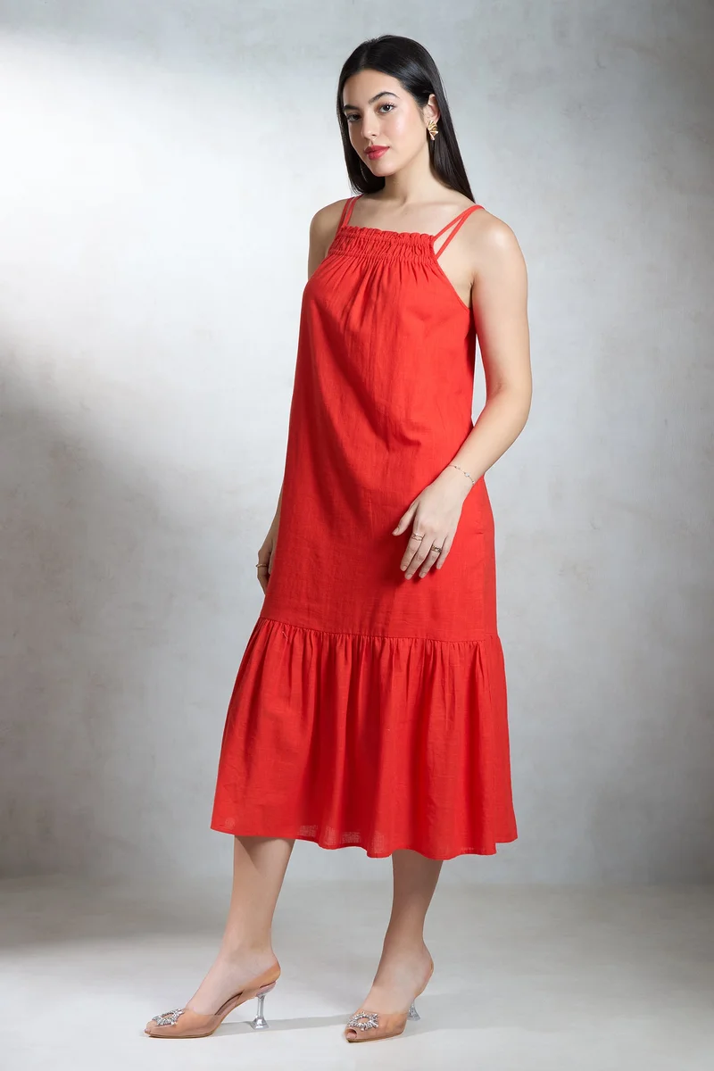 Virgio Solid Cotton Coral Midi Dress for Women